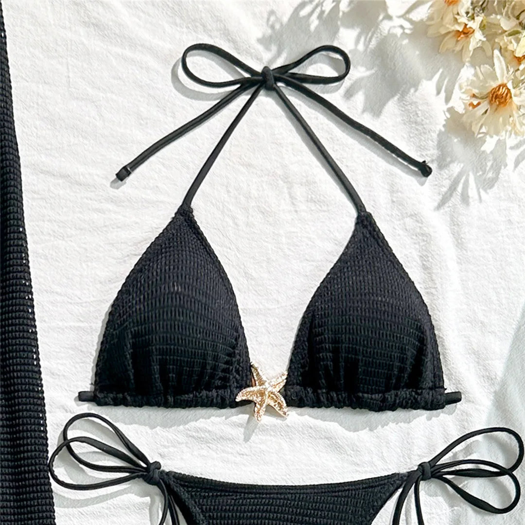 Metal Star Halter With Skirt Bikini Female Swimsuit Women Swimwear Three-pieces Bikini set Padded Bather Bathing Suit Swim V6740