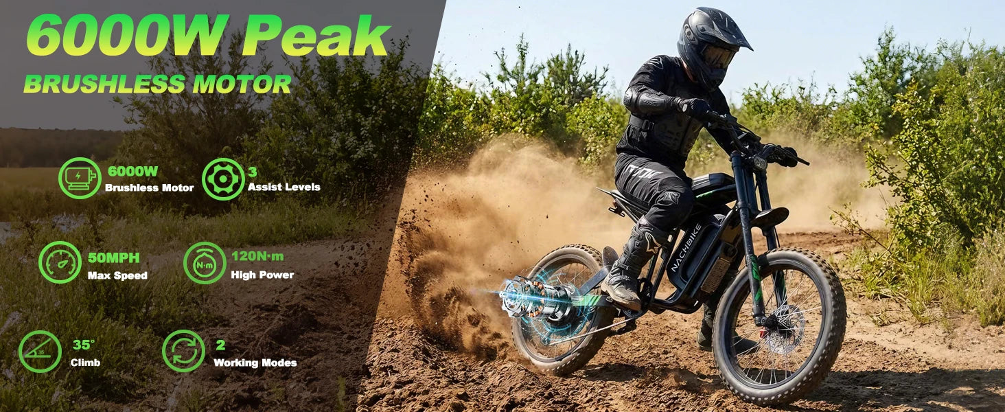 R3 Electric Dirt Bike for Adults Peak 6000W brushless Motor 45-50MPH Speed Dirtbike 50 Miles Range Ebike with 60V 25Ah Battery