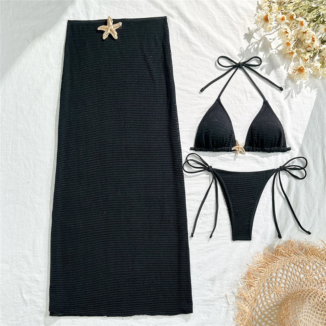 Metal Star Halter With Skirt Bikini Female Swimsuit Women Swimwear Three-pieces Bikini set Padded Bather Bathing Suit Swim V6740