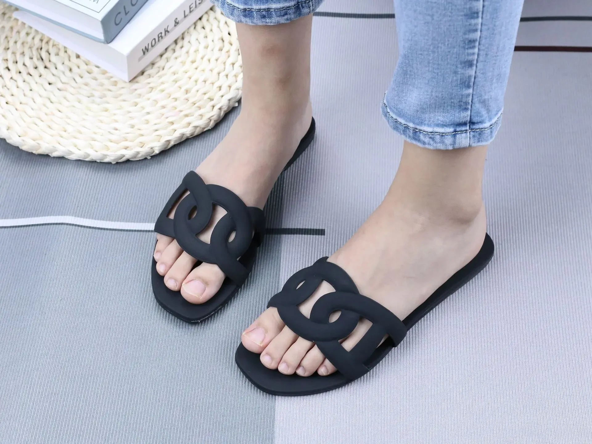 Summer women's one-word sandals daily leisure shopping beach wear flat shoes versatile solid color hollow