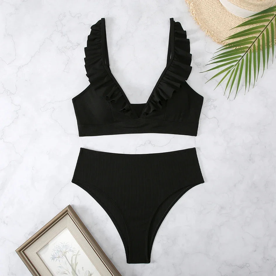 Sexy Striped Ruffle Bikini Swimsuit Women 2025 Two-piece Swimwear High Waisted Bikinis Sets Female Bathing Suit Push Up Monokini