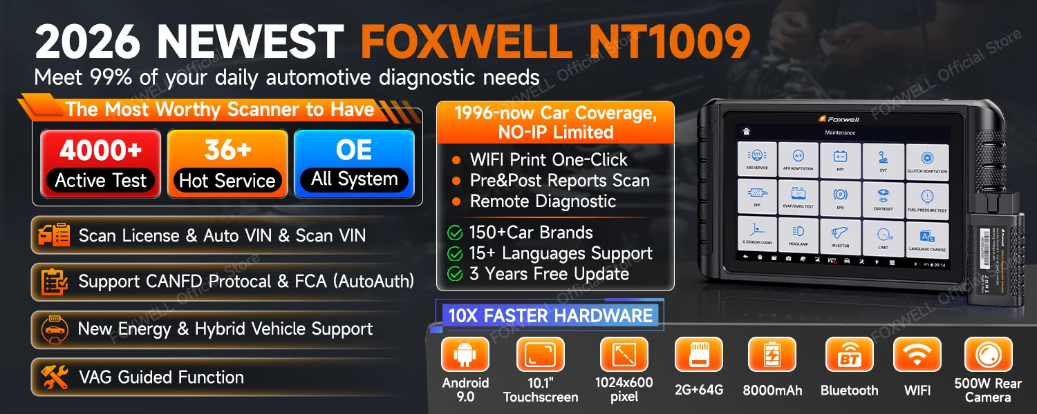 FOXWELL NT1009 OBD2 Car Scanner All System ECU Coding Bidirectional CANFD DOIP Topology Mapping 36+ Reset Auto Diagnosis Tools