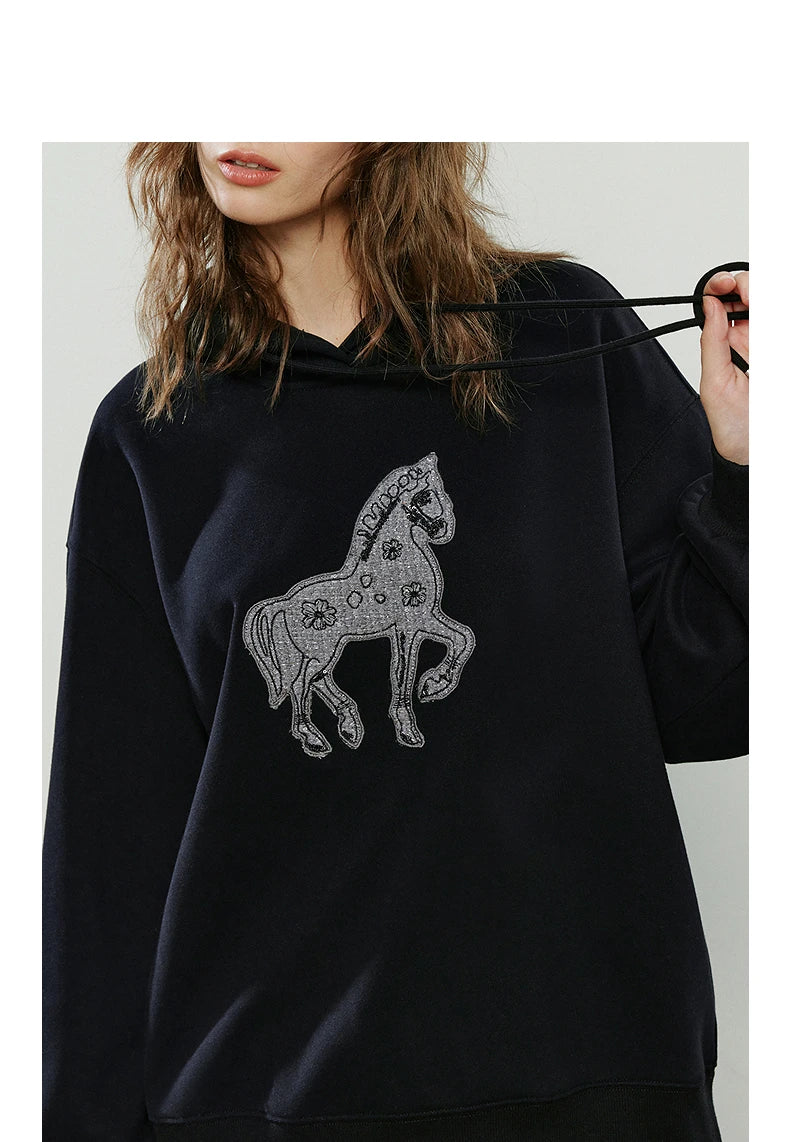 TOYOUTH Women Hoodies 2025 Winter New Loose Crew-neck Warm Applique Embroidery Tops