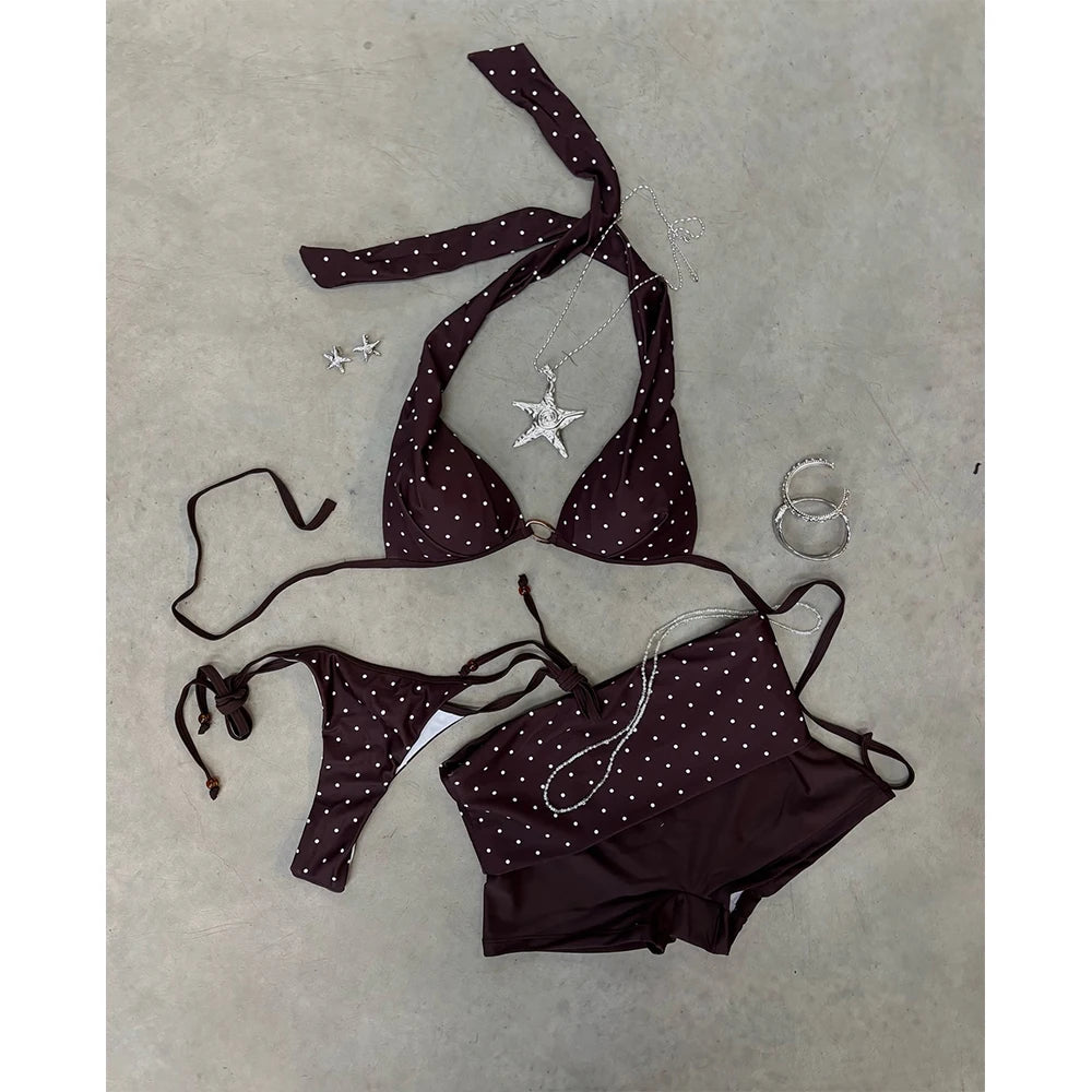 Dot Print 3 Pieces Bikini Swimsuit with Cover Up Swimwear Women Bathing Suit Mini Skirt Micro Bikini Set Swimming Suits Biquini