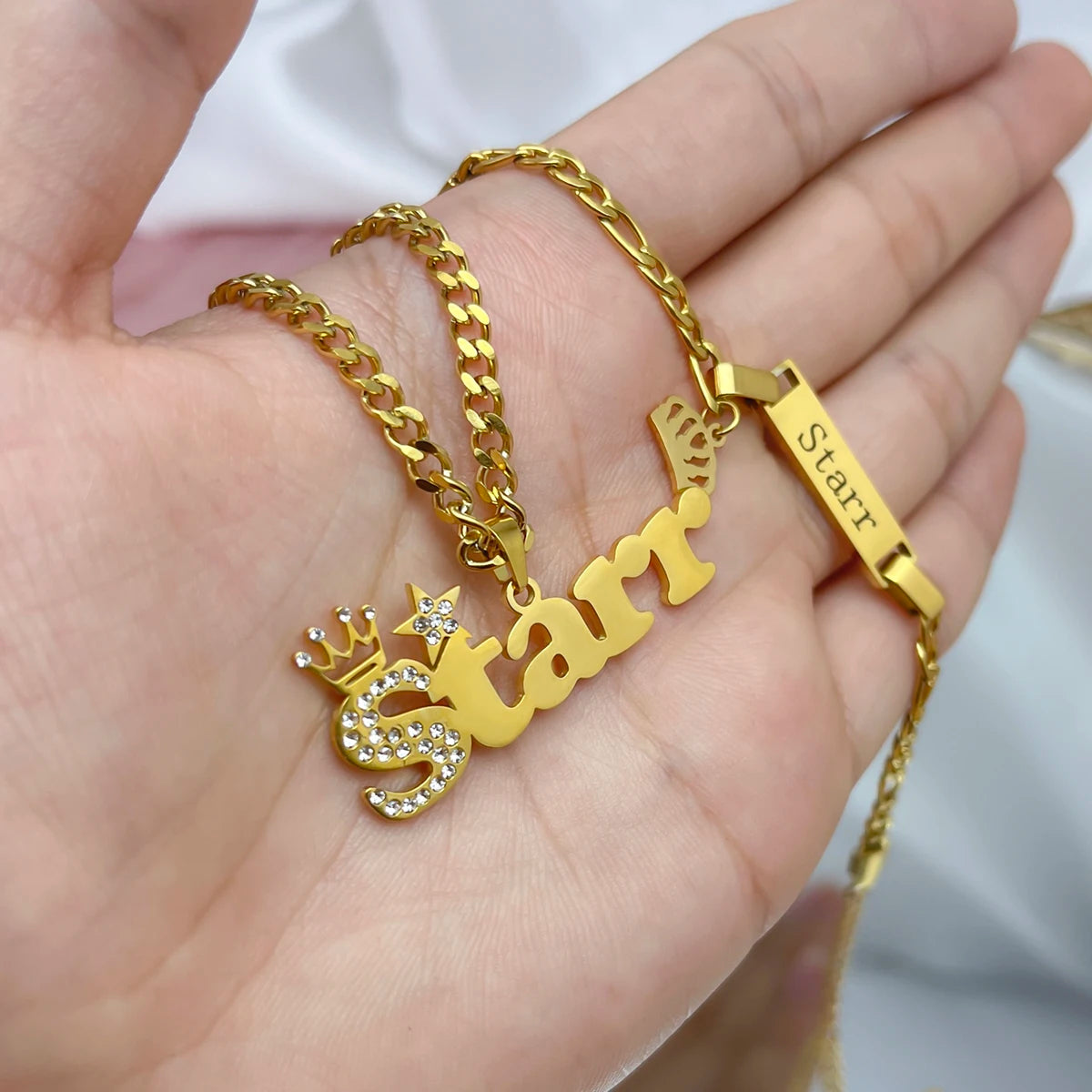 Customised Nameplate Suit Custom Baby Name Necklace Zircon Stainless Steel Cuban Chian BIG Crown Star Charm Bracelet for Kids