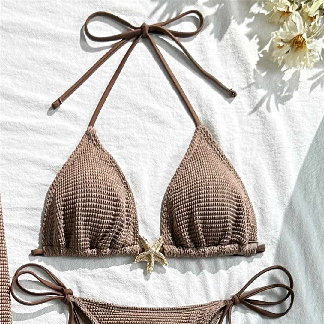 Metal Star Halter With Skirt Bikini Female Swimsuit Women Swimwear Three-pieces Bikini set Padded Bather Bathing Suit Swim V6740