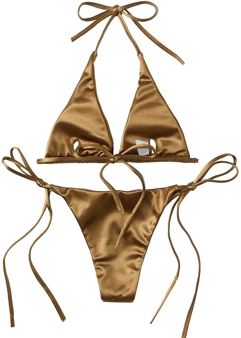 Sexy Women's Metallic Halter Top Two Piece Swimsuit Tie Side Triangle Bikini Summer Solid Bathing Suit Beachwear Bikini Set