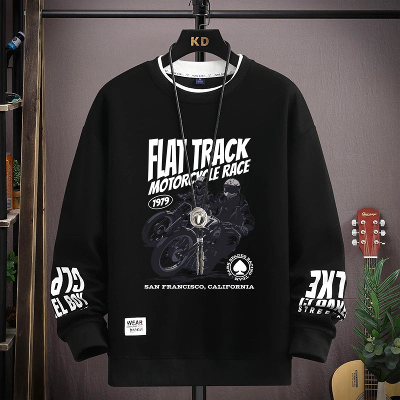 Autumn Men's Motorcycle Graphics Sweatshirt Hoodies Retro Printed Long Sleeve T-shirt Men's Clothing Black O Neck Harajuku Top