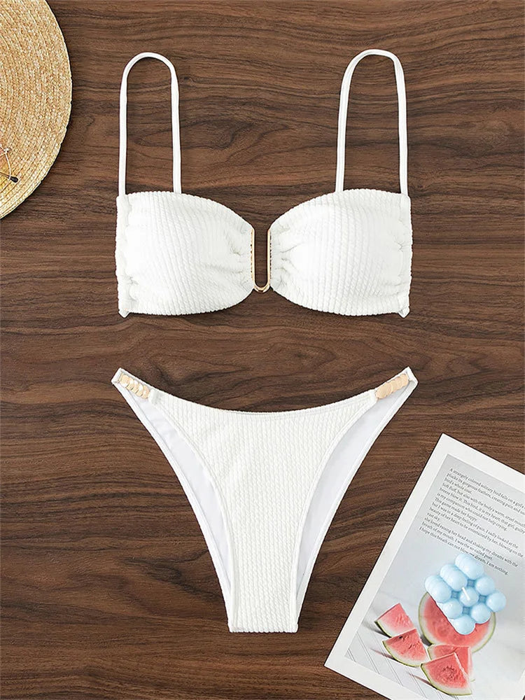 Sexy U Neck Bikini Set Women Solid White Black Push Up Pleate Micro Swimsuit 2024 Brazilian Cut Out Bathing Suit Thong Swimwear