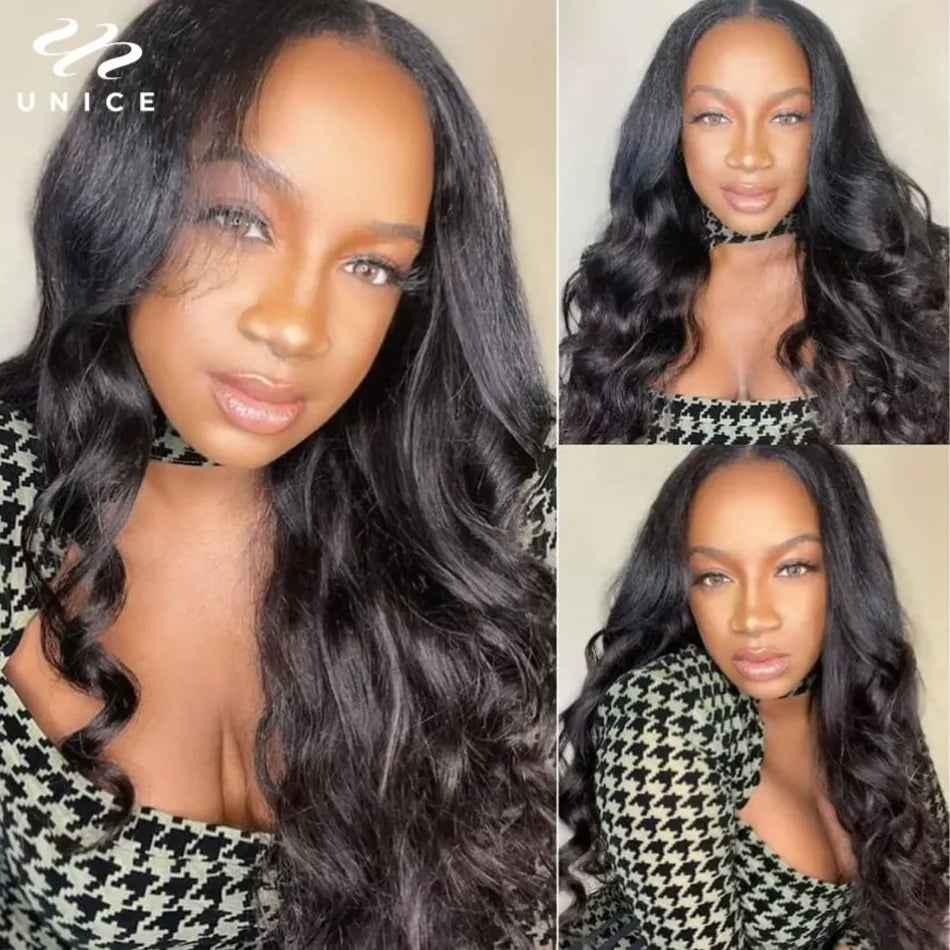 UNice Body Wave V Part Wig With Drawstring Natural Color 100% Human Hair Wigs Clip In V-Part Wig Mini Leave Out 180% Density