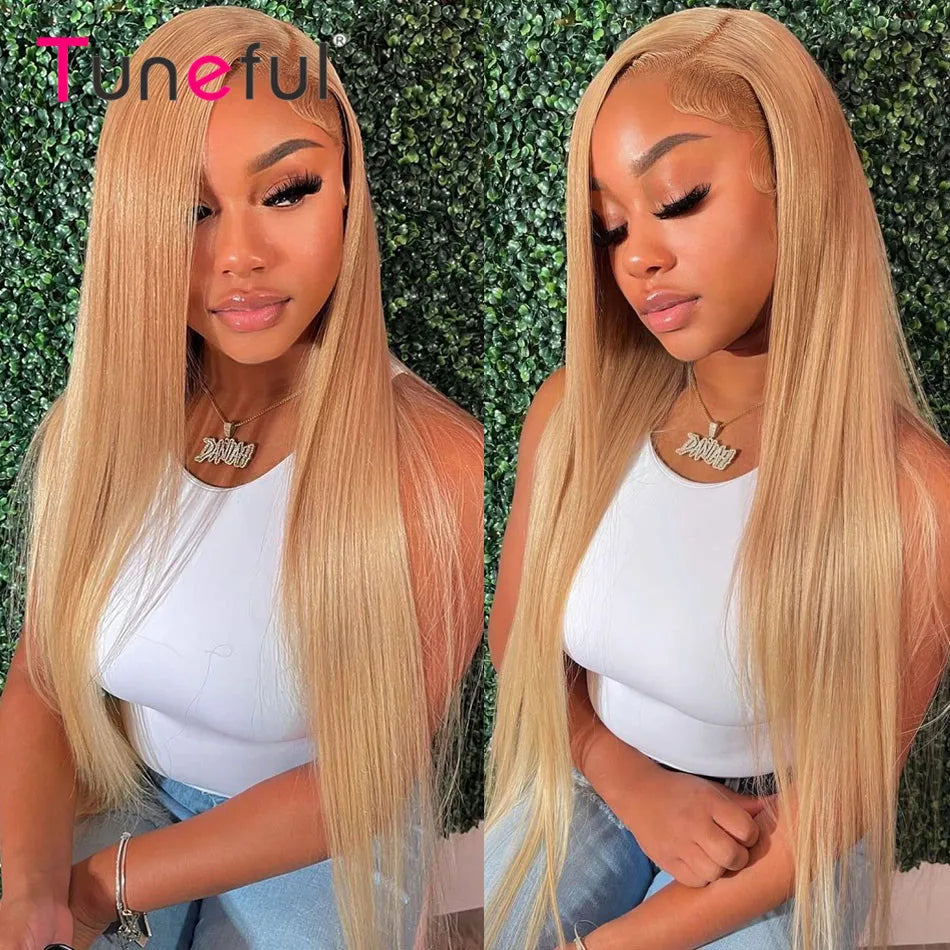 Tuneful 27# Honey Blonde Colored Human Hair Wigs Straight 180% 13x6 HD Transparent Lace Front Human Hair Wigs For Women