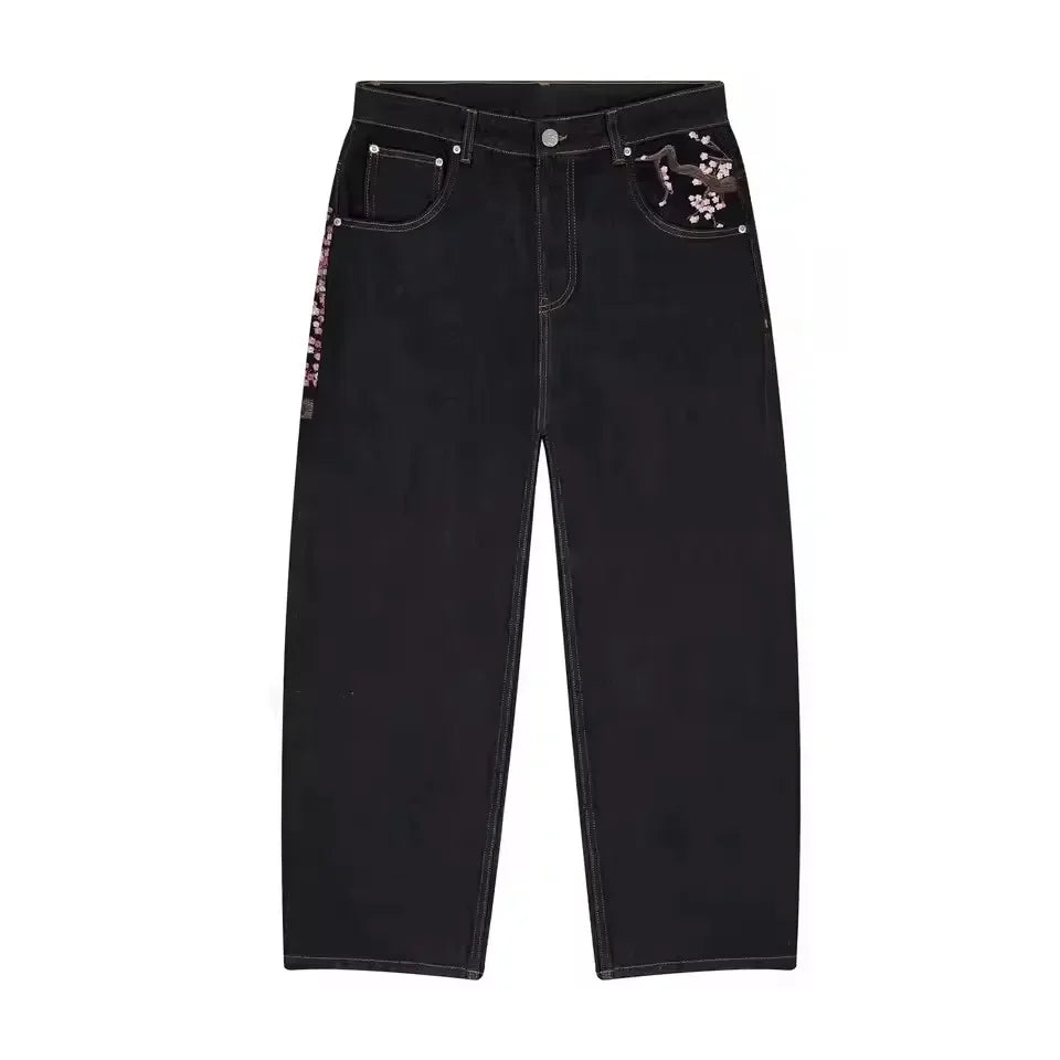 Hip Hop Cherry Blossom Embroidered Jeans Vintage Low Waist Wide Leg Trousers Y2K Clothes Mens Womes Embroidered Baggy Jeans