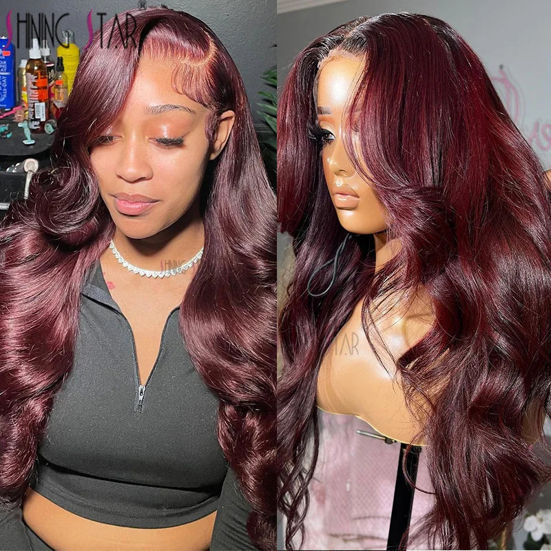 Burgundy Red Bone Straight Lace Front Human Hair Wigs Pre Plucked Colored 99J Red 13x6 Transparent Lace Frontal Wig Human Hair