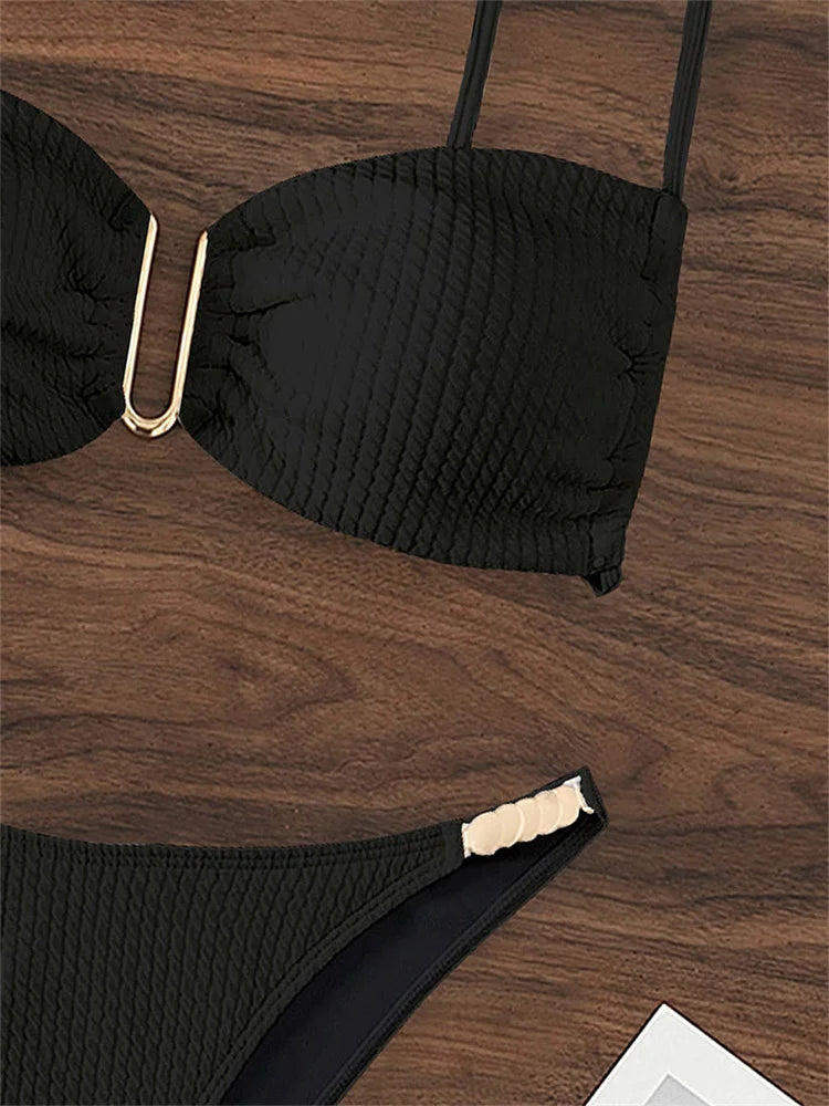 Sexy U Neck Bikini Set Women Solid White Black Push Up Pleate Micro Swimsuit 2024 Brazilian Cut Out Bathing Suit Thong Swimwear