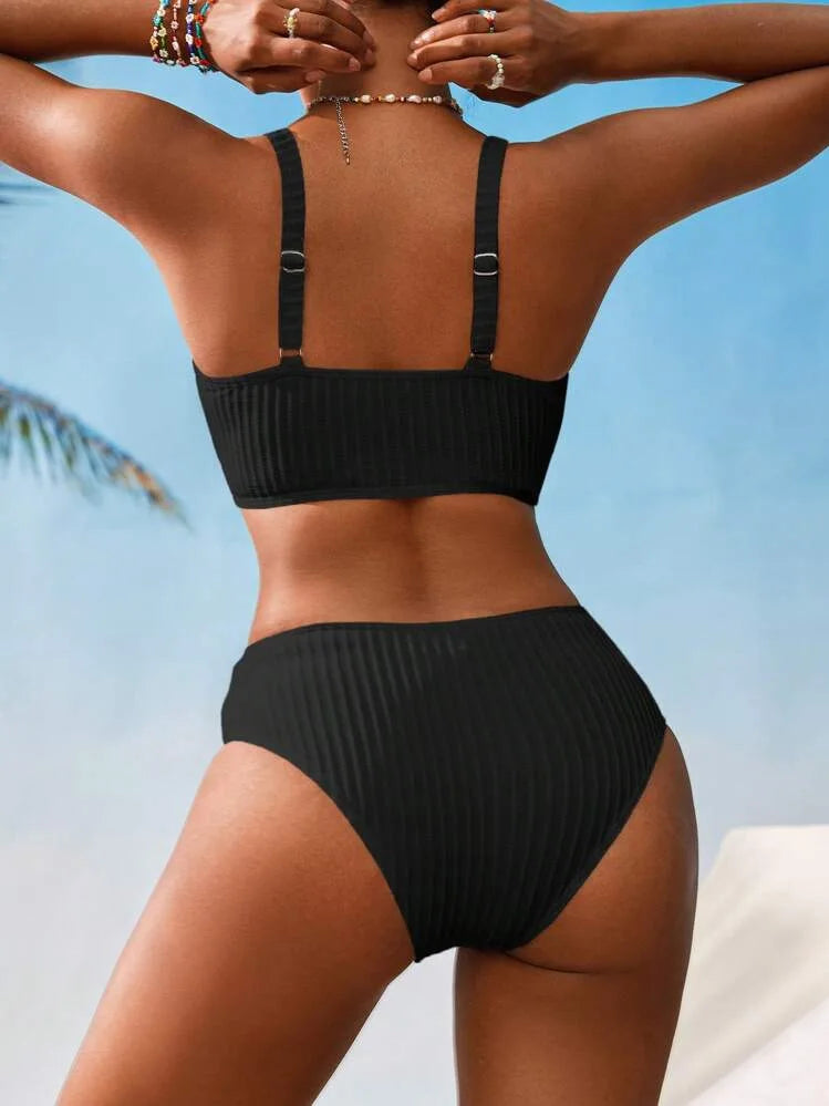 Sexy High Waist Bikini Set 2025 Women V Neck Ribbed Push Up Two Piece Swimsuit Summer Bathing Suit Holiday Swimwear Biquini