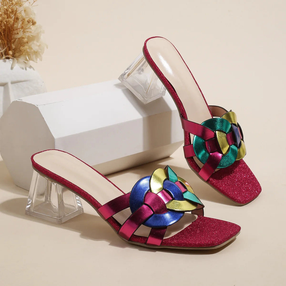 Summer Sandals for Women 2026 New Style Square Toe Mid-Heel Transparent Heel Strappy Woven Shoes