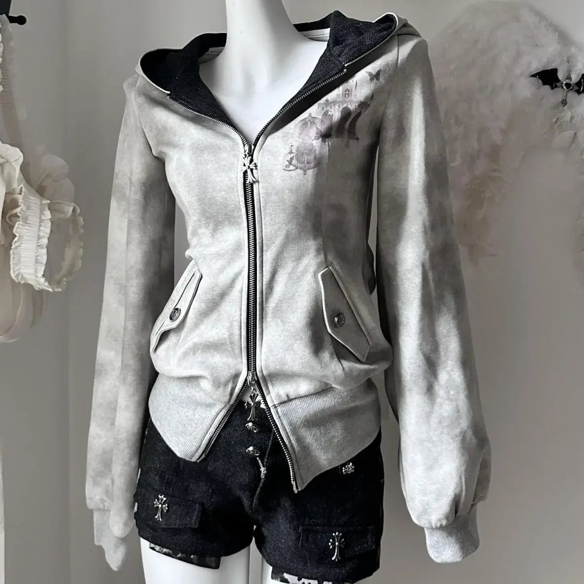 Y2k Aesthetic Vintage Printing Pocket Hoodies Gothic Fairy Grunge Hooded Jackets Autumn Women Double Zippers Punk Sweatshirt