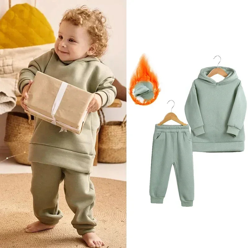 Children Fleece Winter Outfit Toddler Cotton Solid Hoodies Pullover Sweatshirt Pants Tracksuit Set Kids Boy Girl Warm Sweatsuits