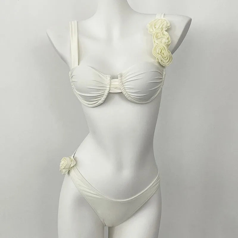 Style Flower Bikinis Women's 2 Piece 3D Rose Bikini Set High Cut Cheeky Swimsuit Floral Appliques Bathing Suit