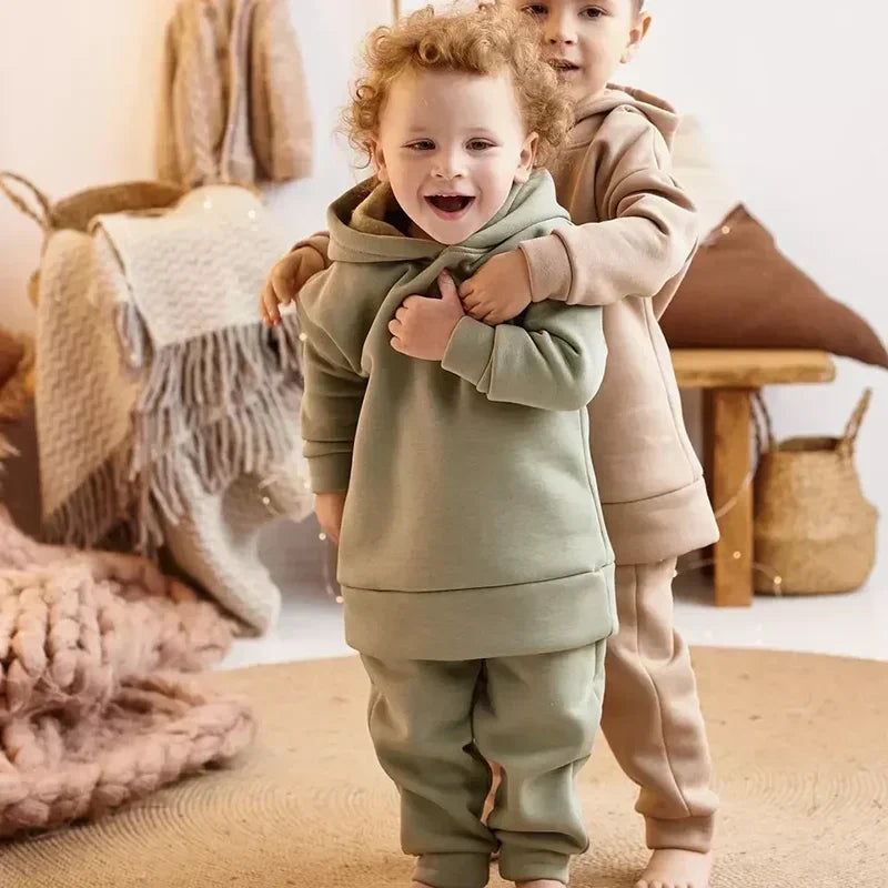 Children Fleece Winter Outfit Toddler Cotton Solid Hoodies Pullover Sweatshirt Pants Tracksuit Set Kids Boy Girl Warm Sweatsuits
