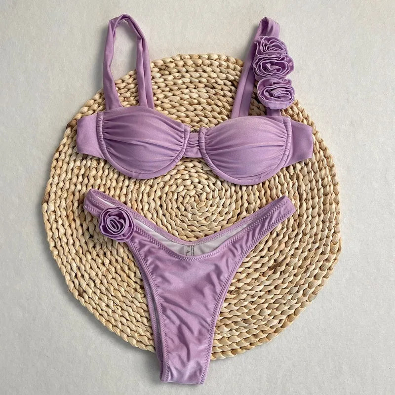 Style Flower Bikinis Women's 2 Piece 3D Rose Bikini Set High Cut Cheeky Swimsuit Floral Appliques Bathing Suit