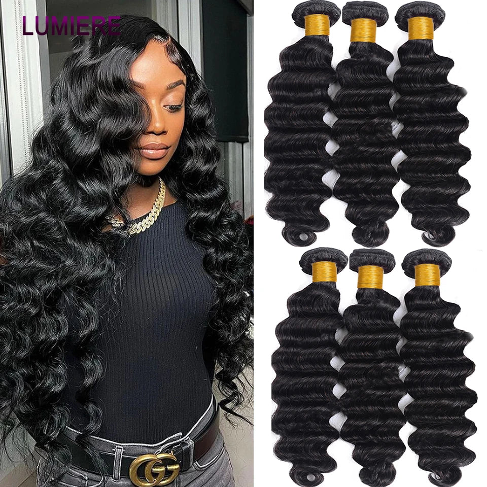 40" Loose Deep Wave Human Hair Bundle With Closure Frontal HD Transparent Lace Closure With Bundle Human Hair Weave Bundles Deal