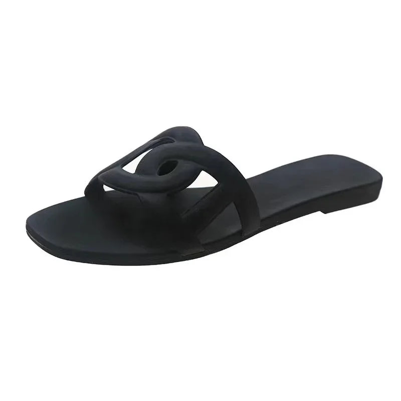 Summer women's one-word sandals daily leisure shopping beach wear flat shoes versatile solid color hollow