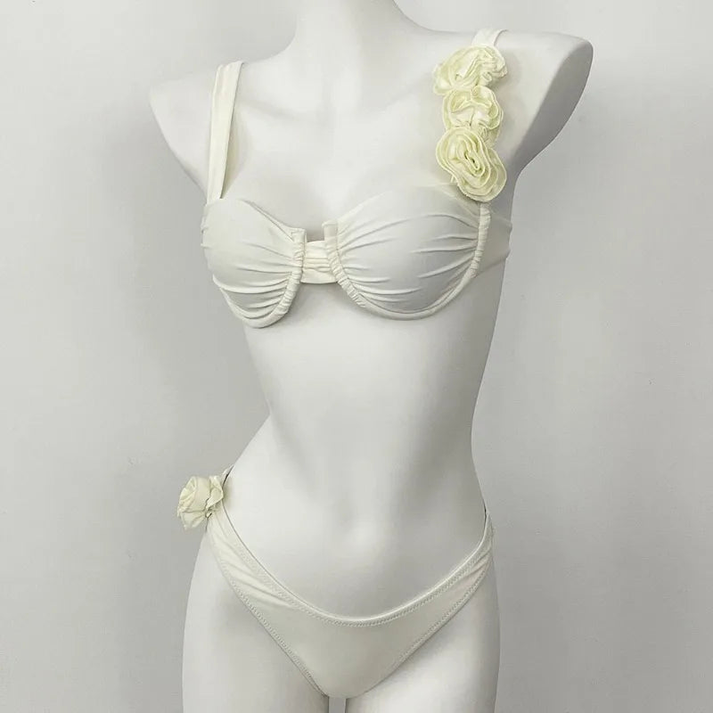 Style Flower Bikinis Women's 2 Piece 3D Rose Bikini Set High Cut Cheeky Swimsuit Floral Appliques Bathing Suit