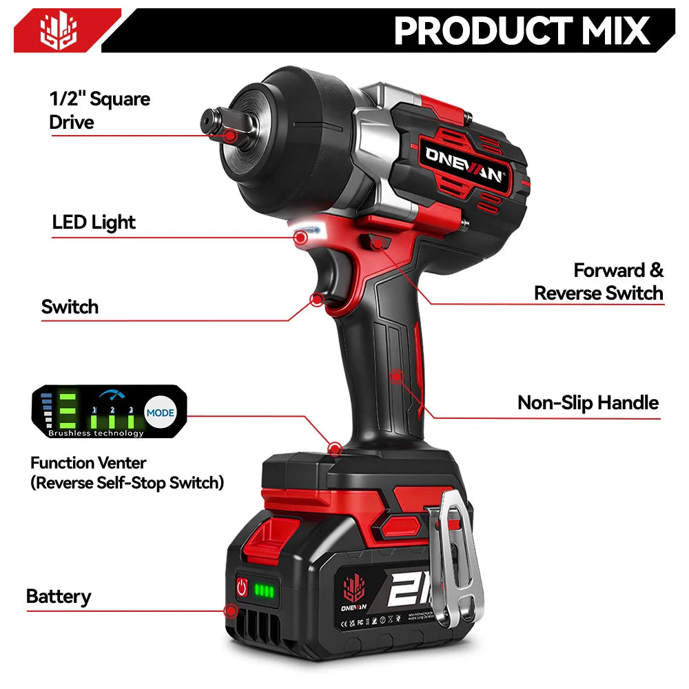 ONEVAN 2800N.M Brushless Electric Impact Wrench High Torque 1/2 Inch Screwdriver Drill Repair Tool For Makita 18V Battery Pin