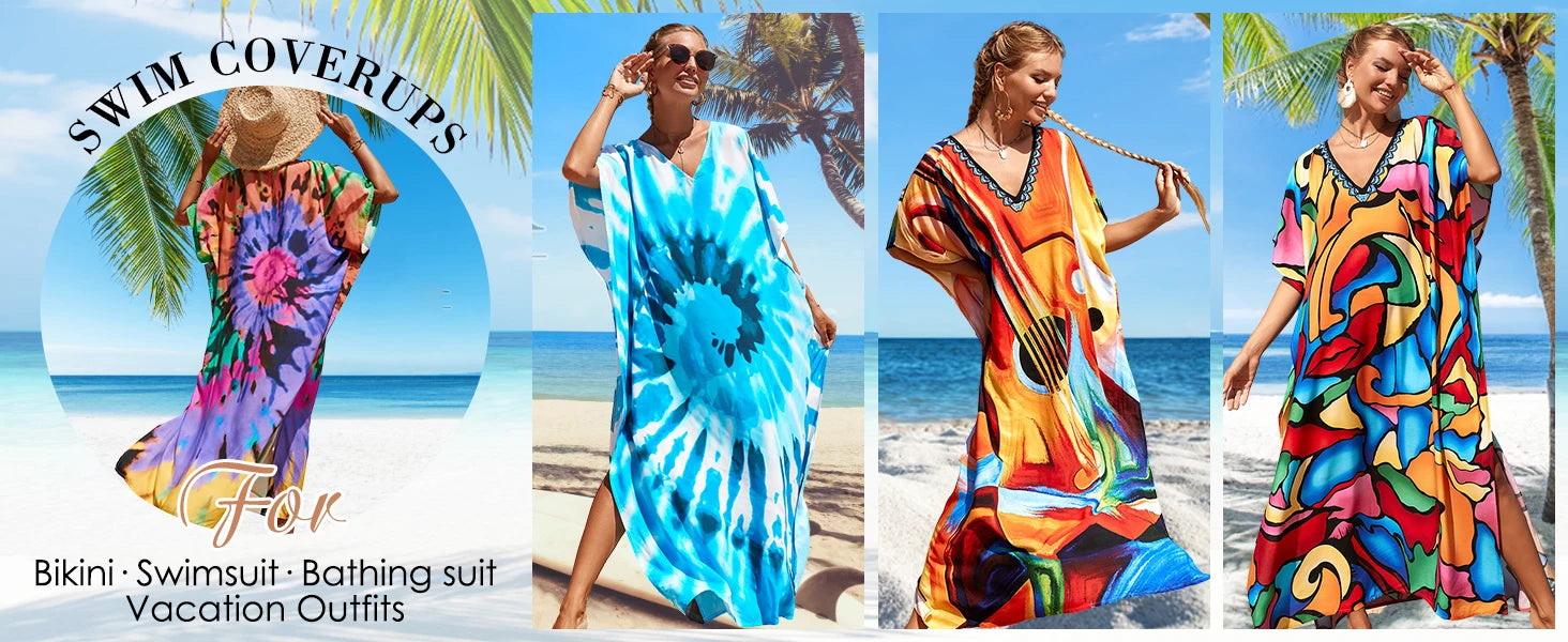 Kaftan Dresses for Women Plus Size Tie Dye Batwing Sleeve Caftans Swimsuit Coverup Maxi Dress Loungewear