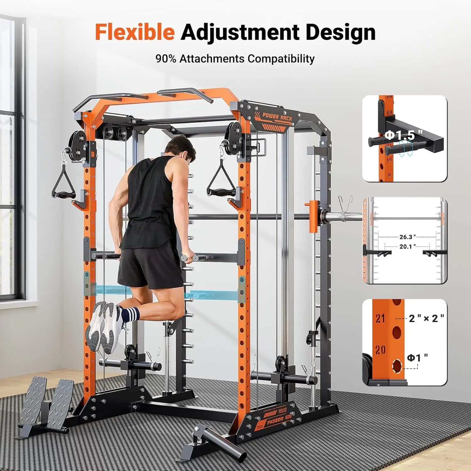 Smith Machine & Squat Rack Combo, Multi-Functional Power Racks with Adjustable Width & Pull-Up Bar, Cable Crossover, Customized