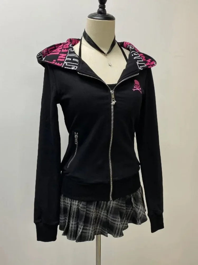 Y2k Punk Skull Embroidery Hoodies Women Vintage Aesthetic Grunge Zipper Sweatshirt Streetwear Slim Tops Female Gothic Jackets