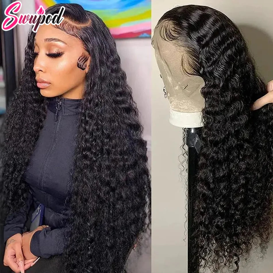 Swupod 200 Density 13x4 13x6 HD Transparent Swiss Deep Wave Lace Frontal Front Wig for Women Remy Human Hair Natural Black