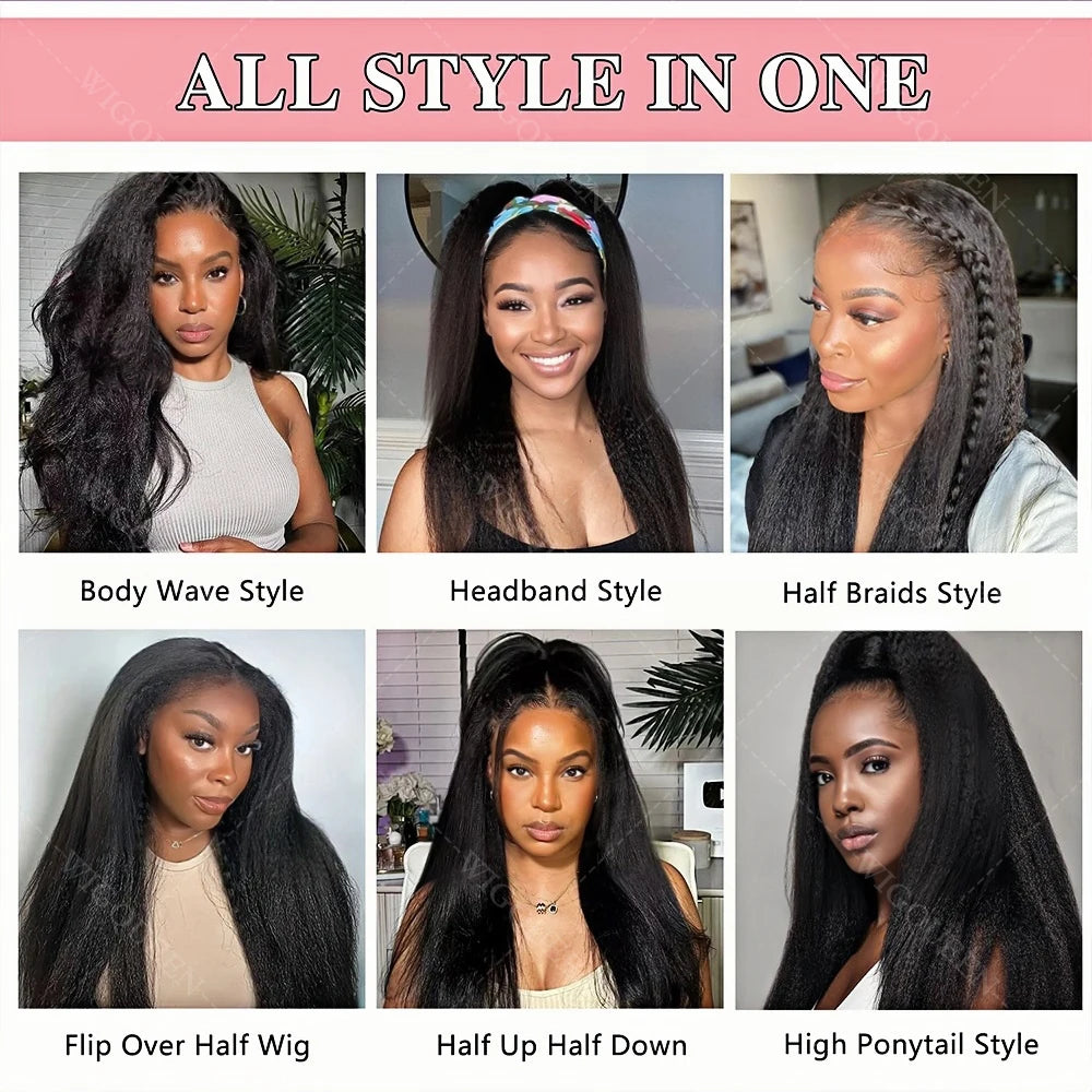 Kinky Straight Glueless Wigs Adjustable Drawstring 3 IN 1 Half Wigs Human Hair 250% Snug Fit No Leave Out Clip-in Yaki Wave Wigs