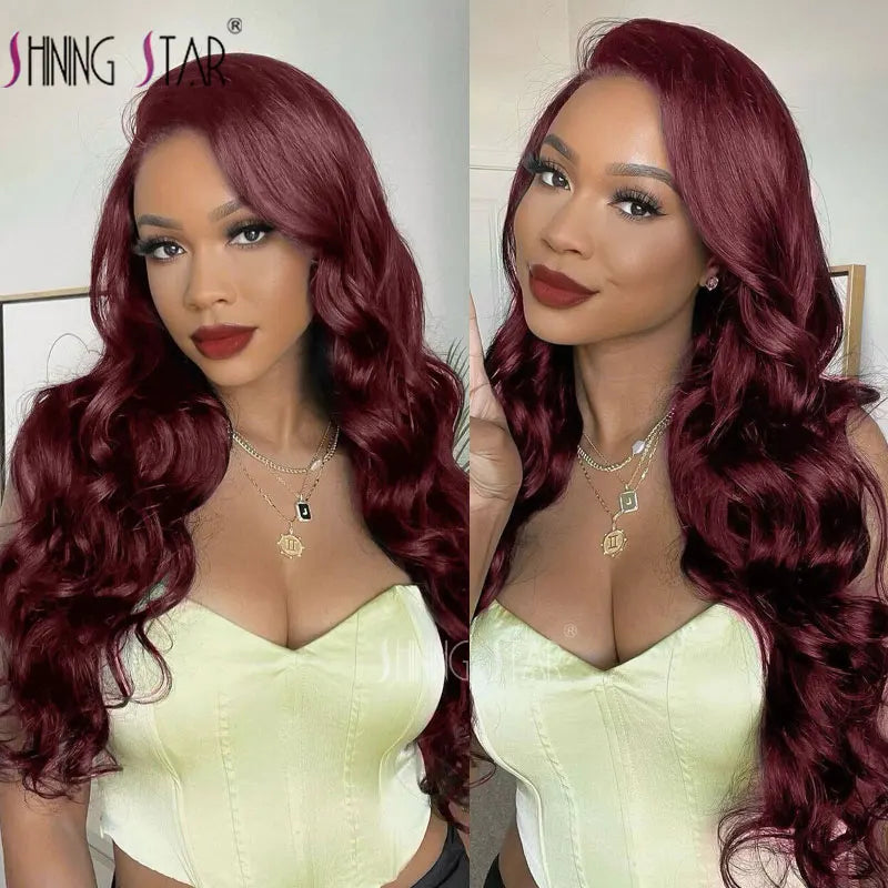 Burgundy Red Bone Straight Lace Front Human Hair Wigs Pre Plucked Colored 99J Red 13x6 Transparent Lace Frontal Wig Human Hair