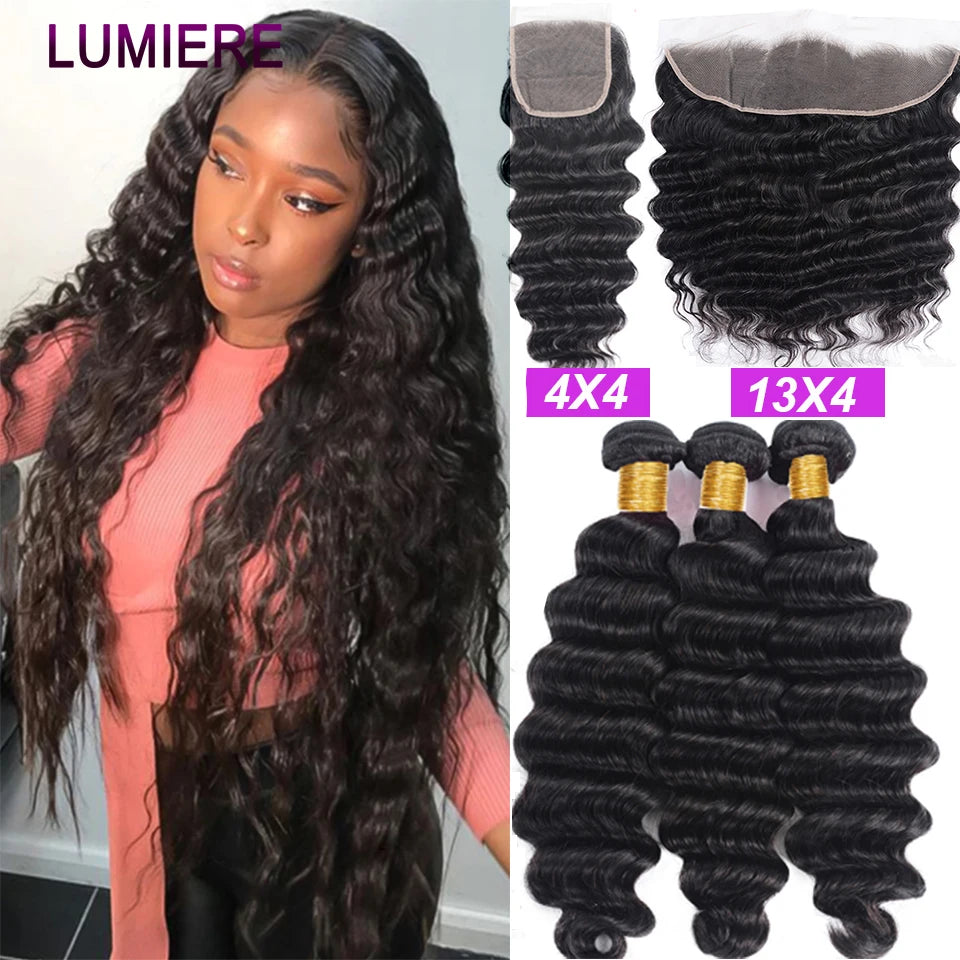 40" Loose Deep Wave Human Hair Bundle With Closure Frontal HD Transparent Lace Closure With Bundle Human Hair Weave Bundles Deal