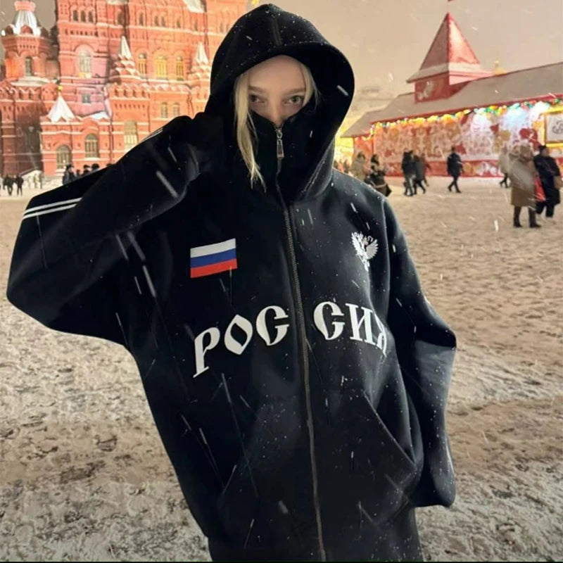 Y2K Clothes Men's Hip Hop Autumn Russia Hot Sale Vintage Double Zip Hoodies Lettering Graphic Hoodies Sweatshirts Casual Jacket