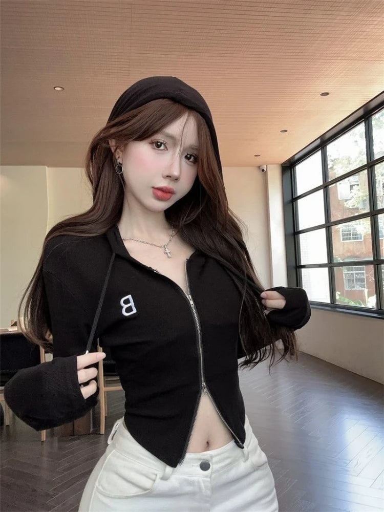 Y2k American Vintage Zip Up Hoodies 2000s Long Sleeve Subculture Hooded Sweatshirt Hot Girl Letter Short Slim Autumn Coat Chic