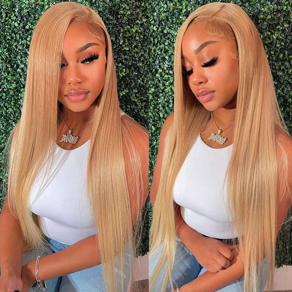 Tuneful 27# Honey Blonde Colored Human Hair Wigs Straight 180% 13x6 HD Transparent Lace Front Human Hair Wigs For Women