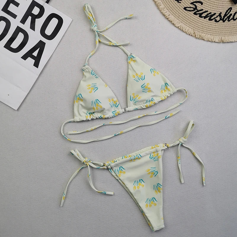 Brazilian Sexy Micro Mini Thong Bikini Set String Bandage Swimwear Women Beachwear Backless Swimsuit Triangle Push Up Biqiuni