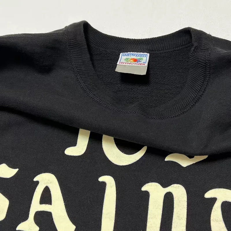 New Letter Print SAINT Hoodies Men Woman Retro Washed Damaged High Street Pullover Sweatshirts Loose Casual Good Quality