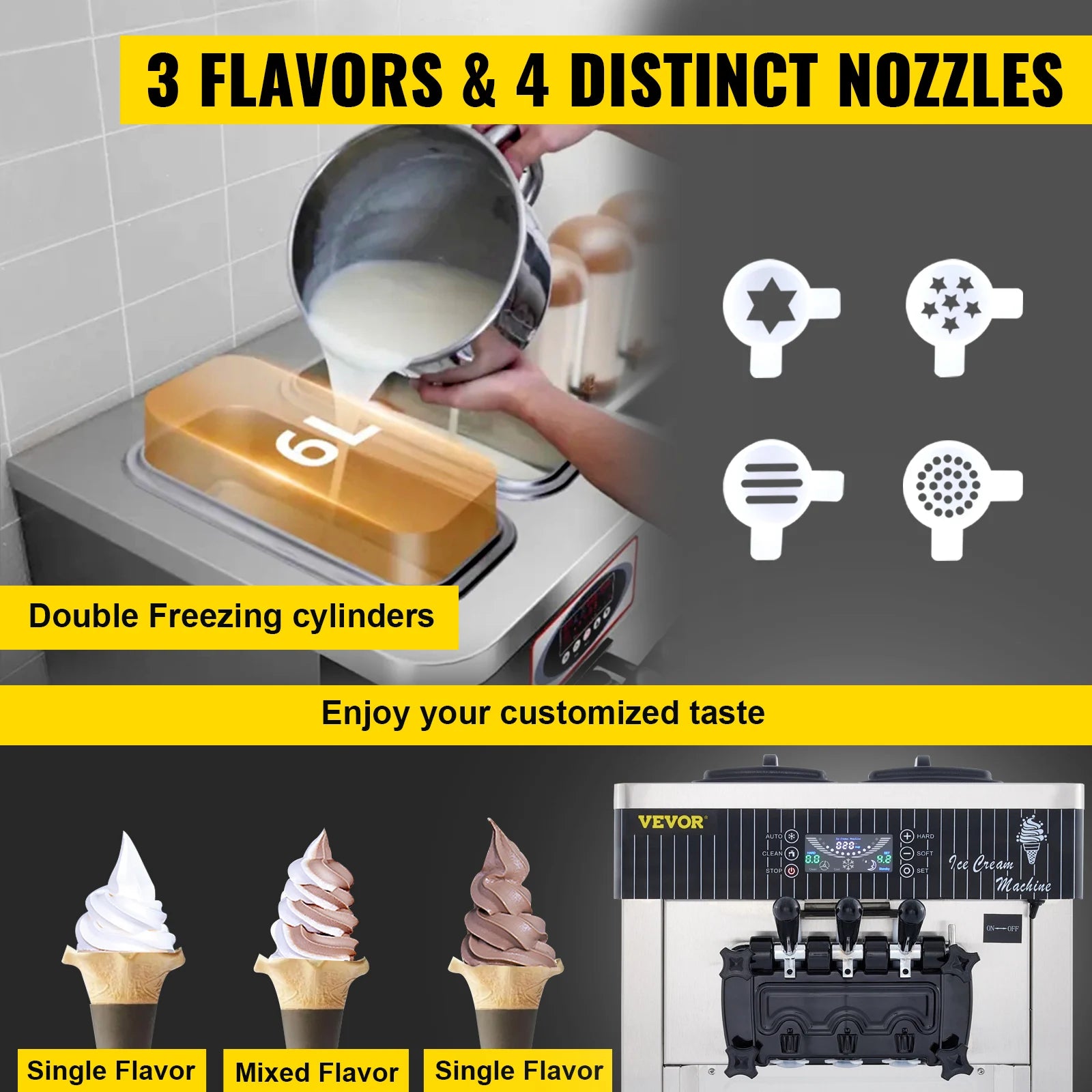 SIHAO Commercial Soft Ice Cream Machine 18-28L/H - Tri-Color Desktop Freezer for Sorbet, Gelato & Fast Food Stores