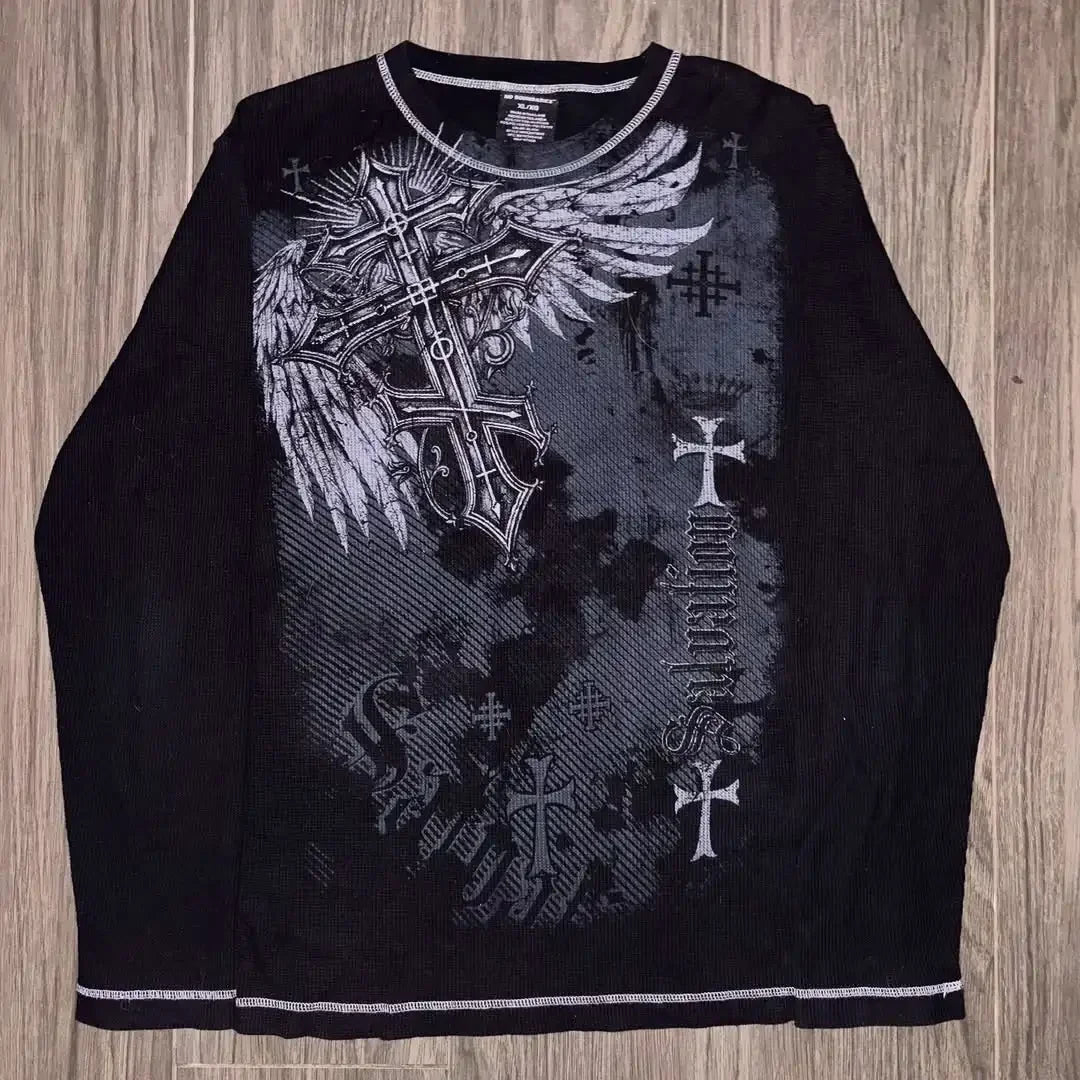 Y2K Gothic Harajuku Splice Printing White Long Sleeve New Punk Hip Hop Sexy T shirt Fashion Casual Pure Cotton Loose Tops Unisex