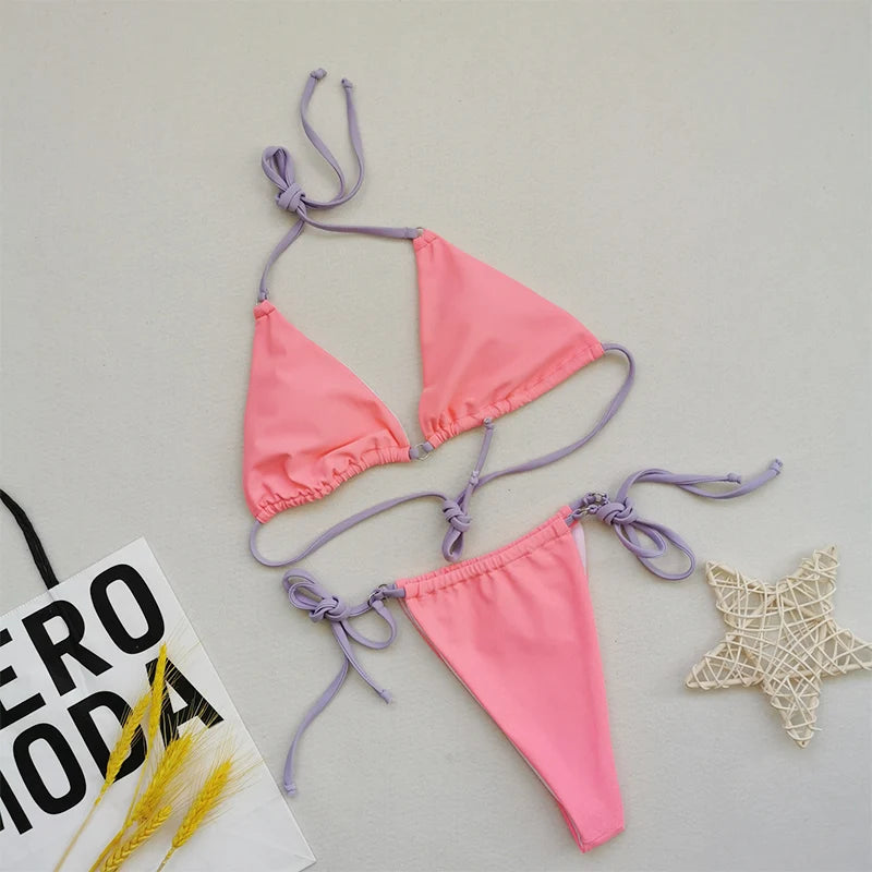 Brazilian Sexy Micro Mini Thong Bikini Set String Bandage Swimwear Women Beachwear Backless Swimsuit Triangle Push Up Biqiuni