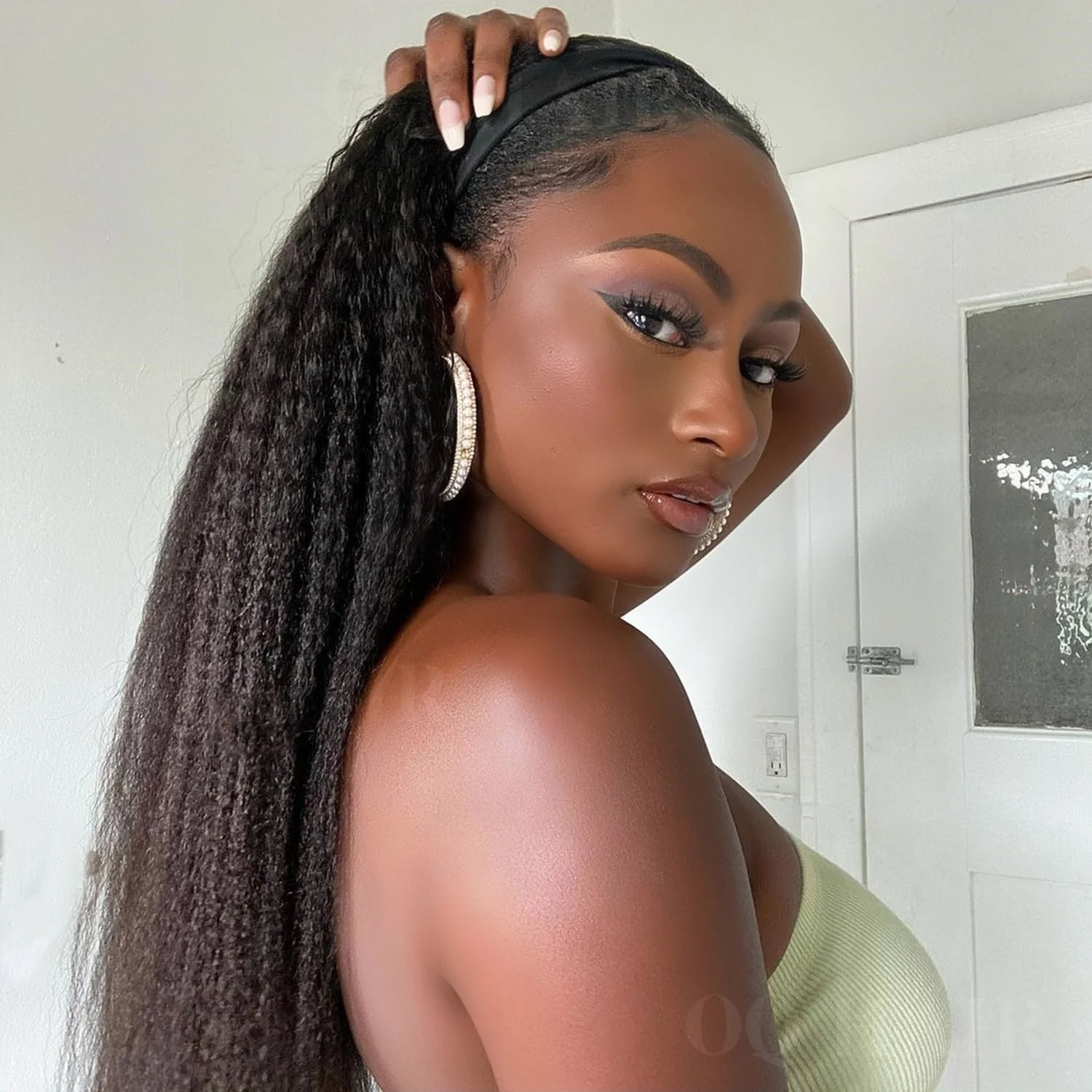 Kinky Straight Glueless Wigs Adjustable Drawstring 3 IN 1 Half Wigs Human Hair 250% Snug Fit No Leave Out Clip-in Yaki Wave Wigs