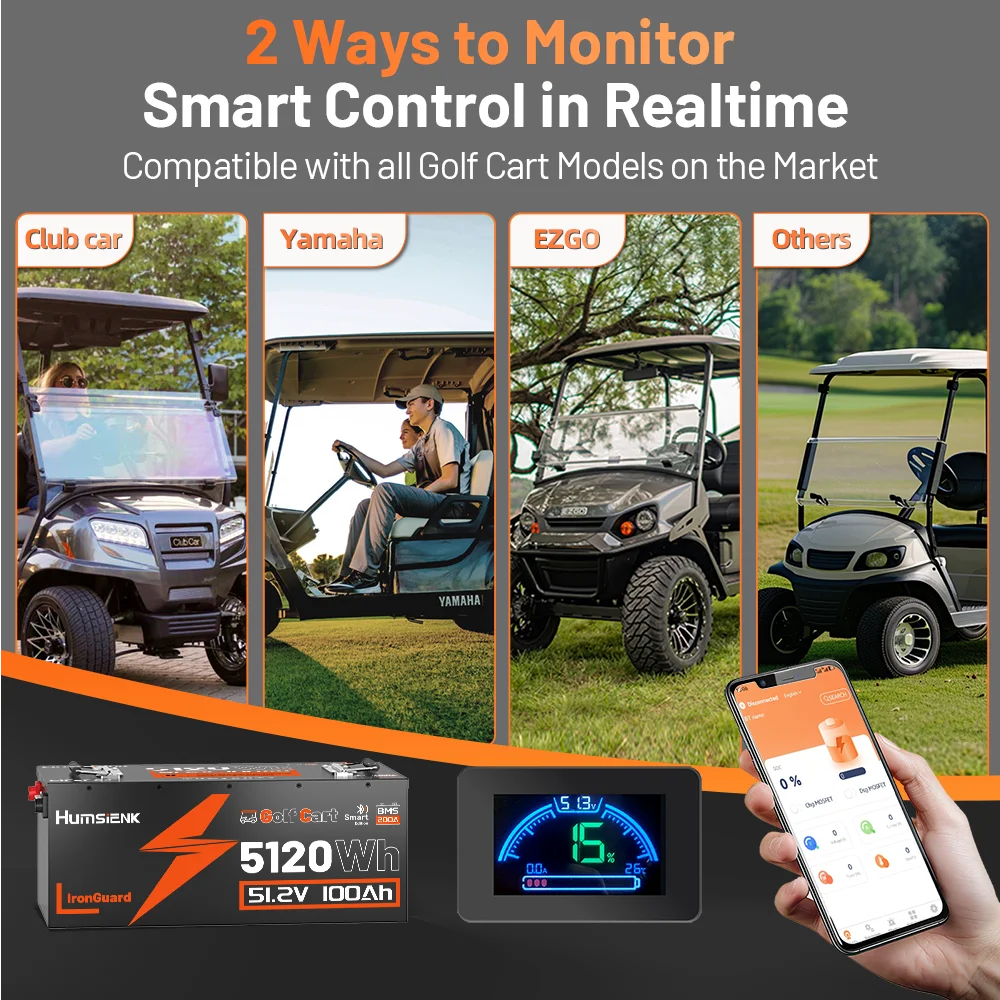 HumsiENK LiFePO4 Battery 48V 100Ah Designed For Golf Cart 200A BMS 5120Wh Smart Bluetooth Monitor With 2-Year Warranty/ UL 1973