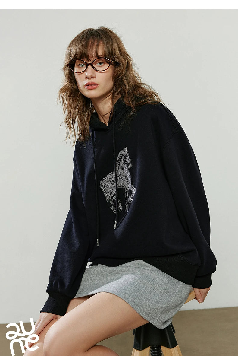 TOYOUTH Women Hoodies 2025 Winter New Loose Crew-neck Warm Applique Embroidery Tops