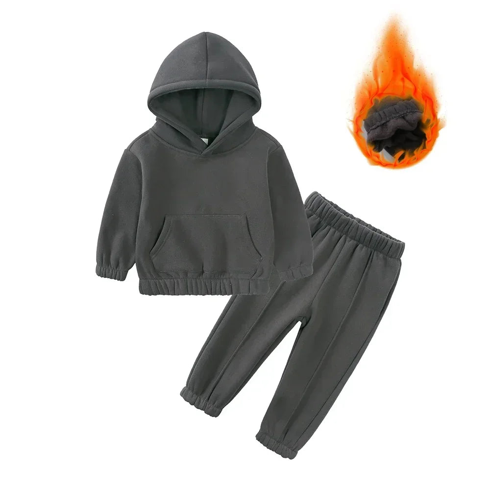 Children Fleece Winter Outfit Toddler Cotton Solid Hoodies Pullover Sweatshirt Pants Tracksuit Set Kids Boy Girl Warm Sweatsuits