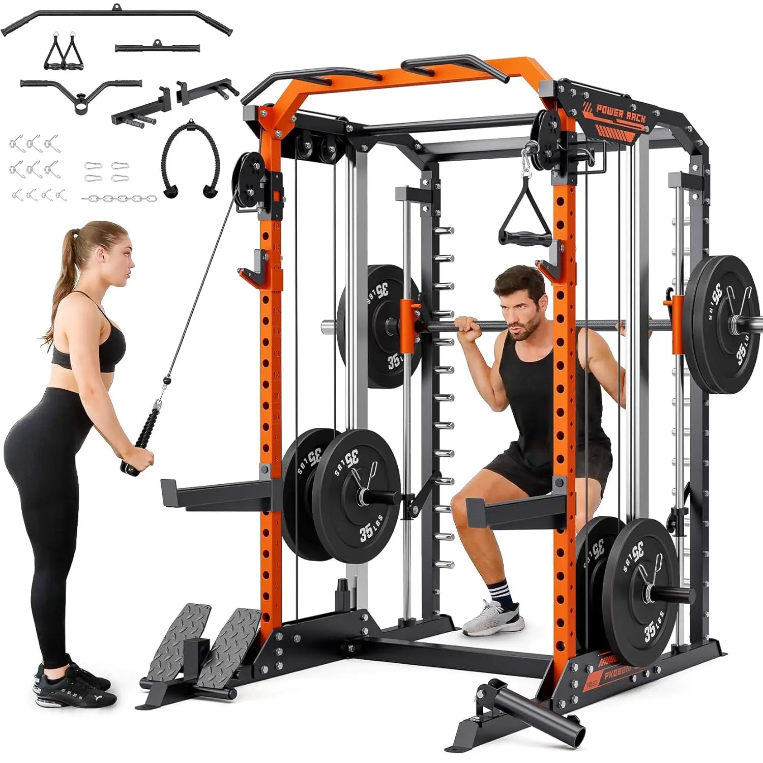 Smith Machine & Squat Rack Combo, Multi-Functional Power Racks with Adjustable Width & Pull-Up Bar, Cable Crossover, Customized
