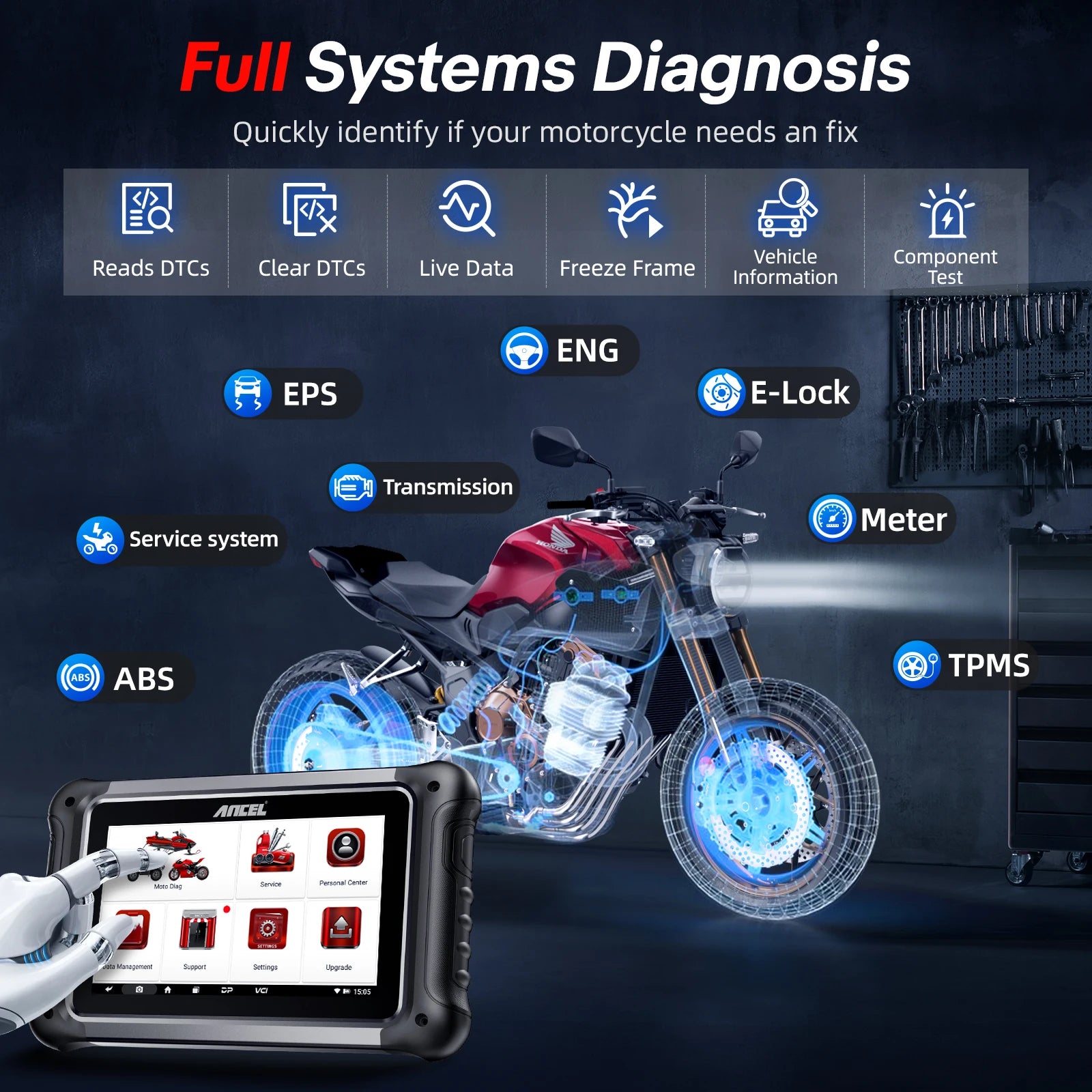 ANCEL MT700 OBD2 Motorcycle Scanner Full System Diagnostic Tool  Oil Reset ABS Bleeding ECU Coding Active Test for Motorcycle